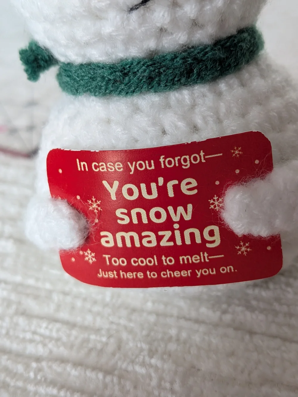 Crochet Snowman Plush with sign. removable Red Hat & Green Scarf